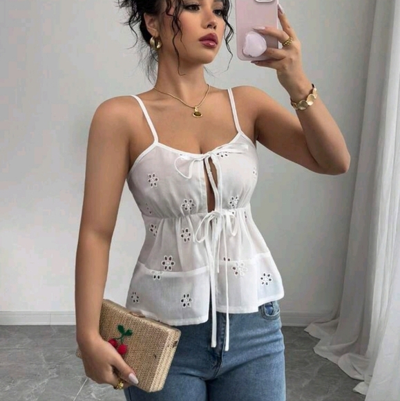 Tops - Women's Etched Embroidered Casual Bow Camisole, Elegant